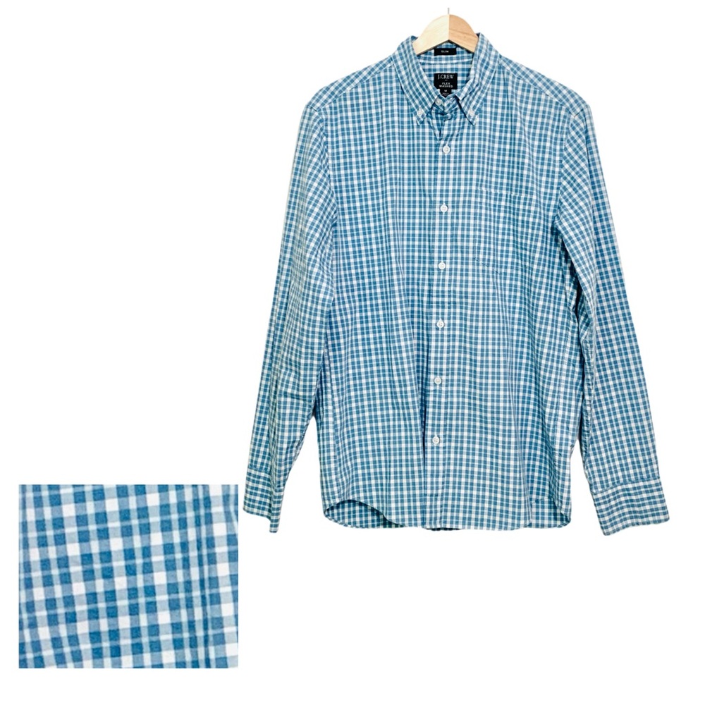 J. Crew Men’s Blue Checked Button Down Flex Washed Size Medium Slim Fit